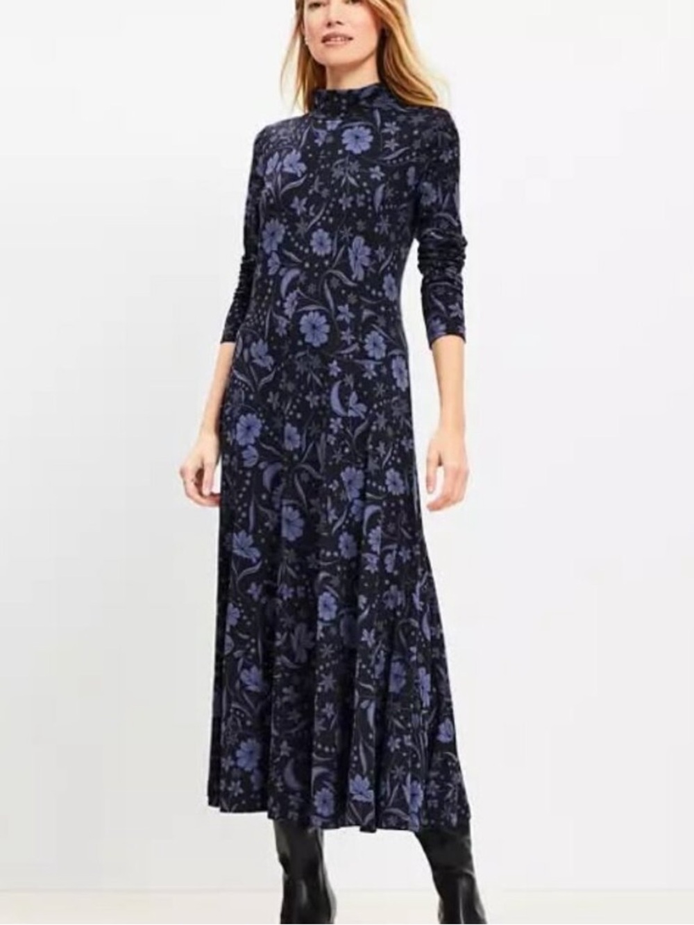 LOFT Snowflake Bloom Godet Turtleneck Maxi Dress Size Medium